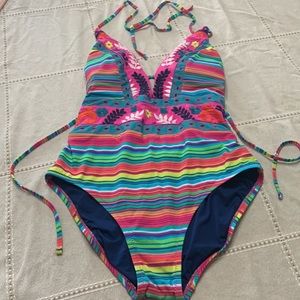 NANETTE LEPORE SWIM SUIT. BRIGHT RAINBOW STRIPES Embroidered florals size M